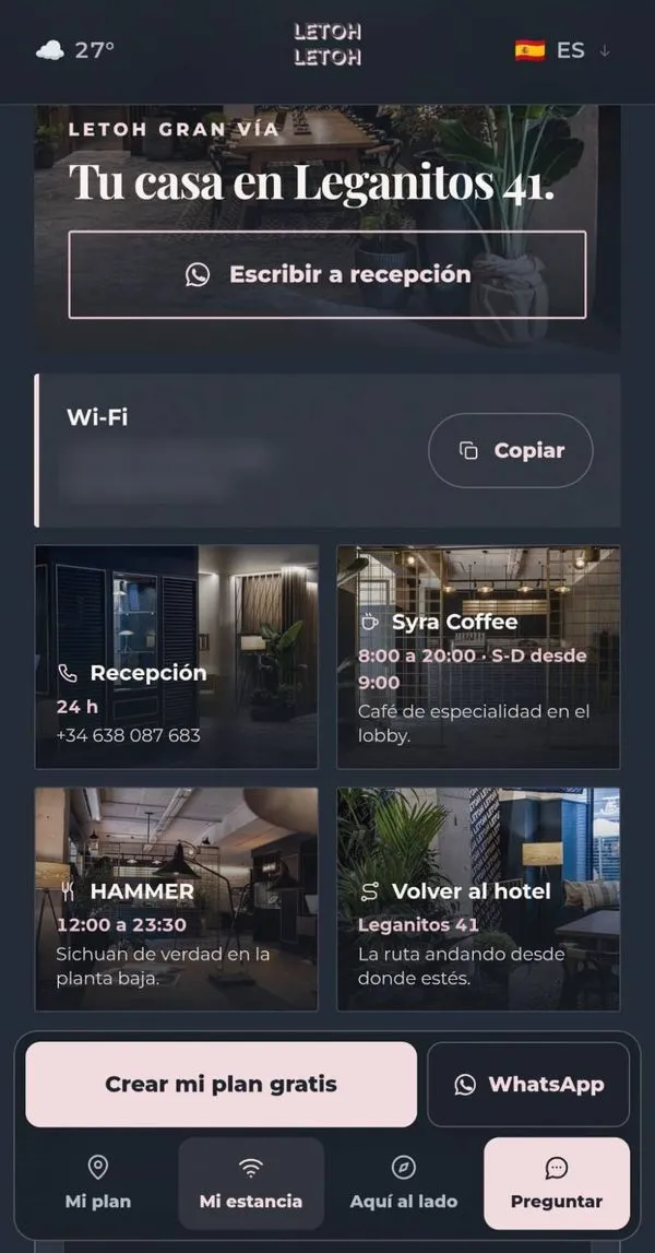 Mi estancia: recepción, wifi y servicios del hotel